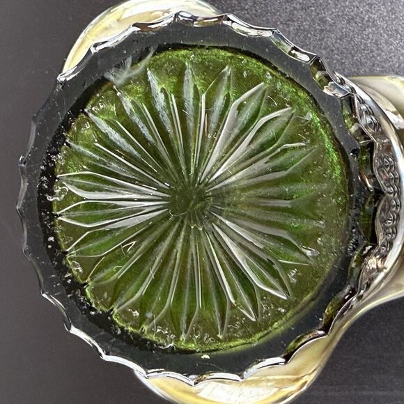 Vintage Northwood Carnival Glass Vase Ruffle Hat Green Iridescent 3.75" Tall - Picture 13 of 15